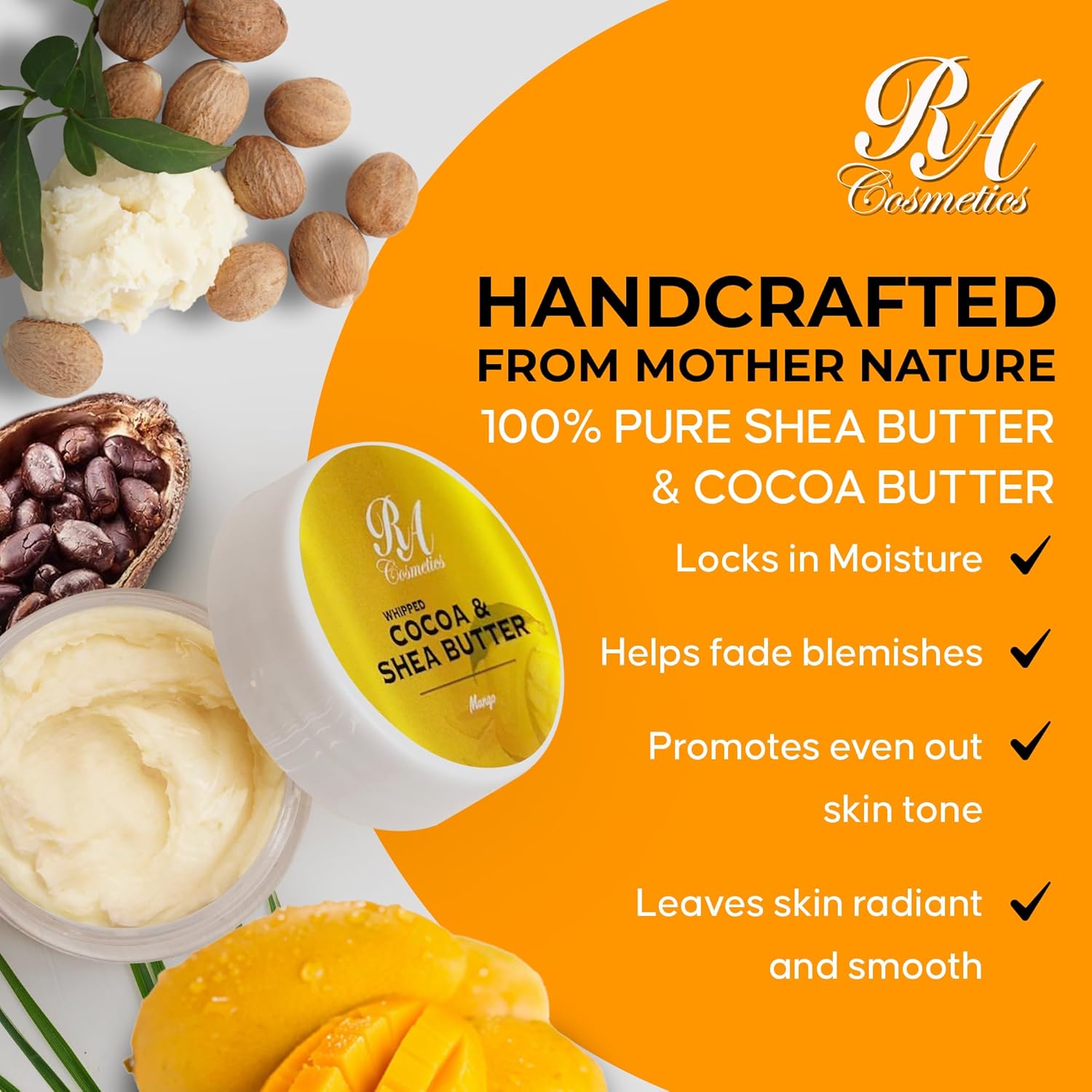 RA COSMETICS Whipped Cocoa & Shea Butter, Mango - 12oz | 100% Pure & Natural Skin Moisturizer with Coconut Oil | Vitamin-Rich Body Butter for Soft, Supple, and Radiant Skin & Healthy Hairs