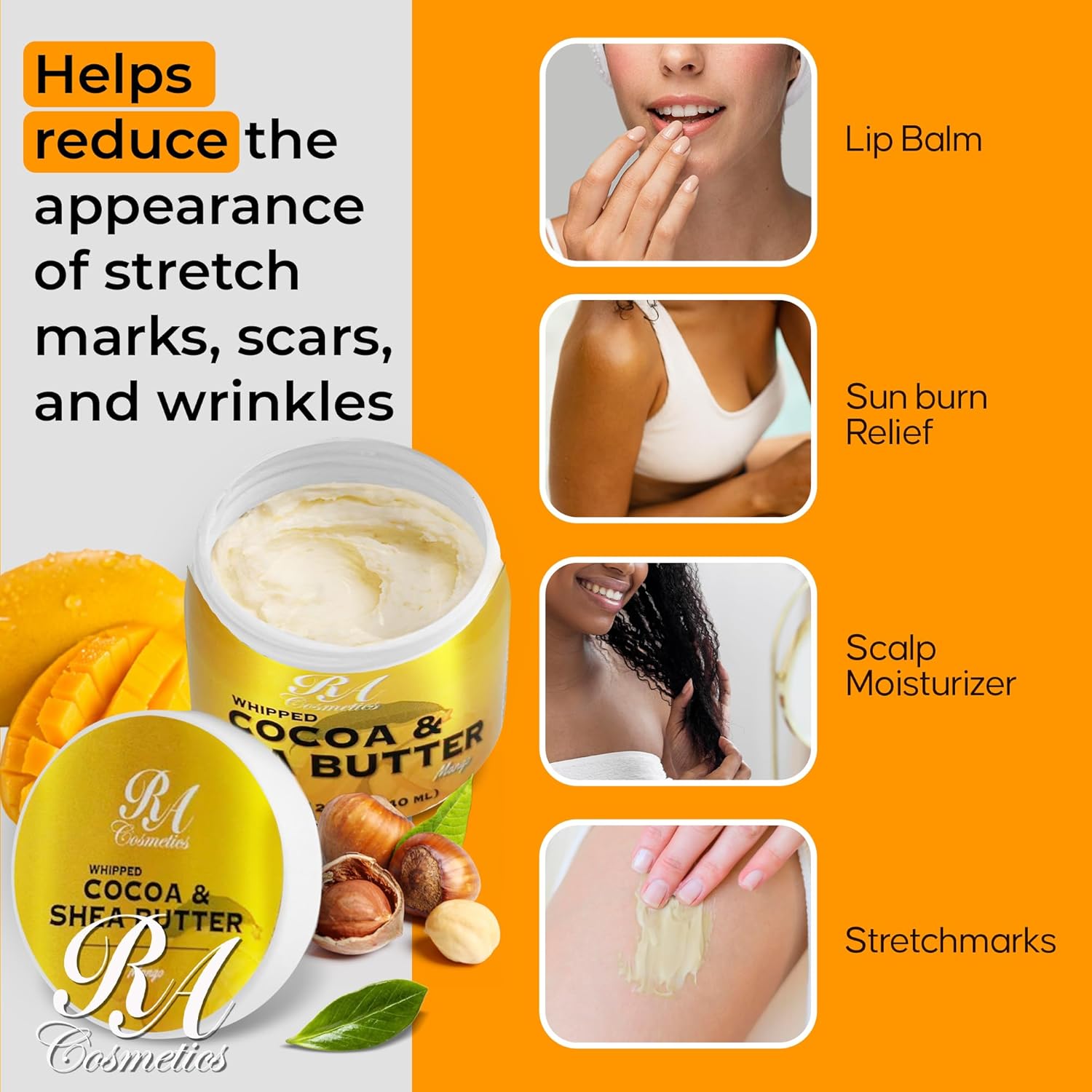 RA COSMETICS Whipped Cocoa & Shea Butter, Mango - 12oz | 100% Pure & Natural Skin Moisturizer with Coconut Oil | Vitamin-Rich Body Butter for Soft, Supple, and Radiant Skin & Healthy Hairs