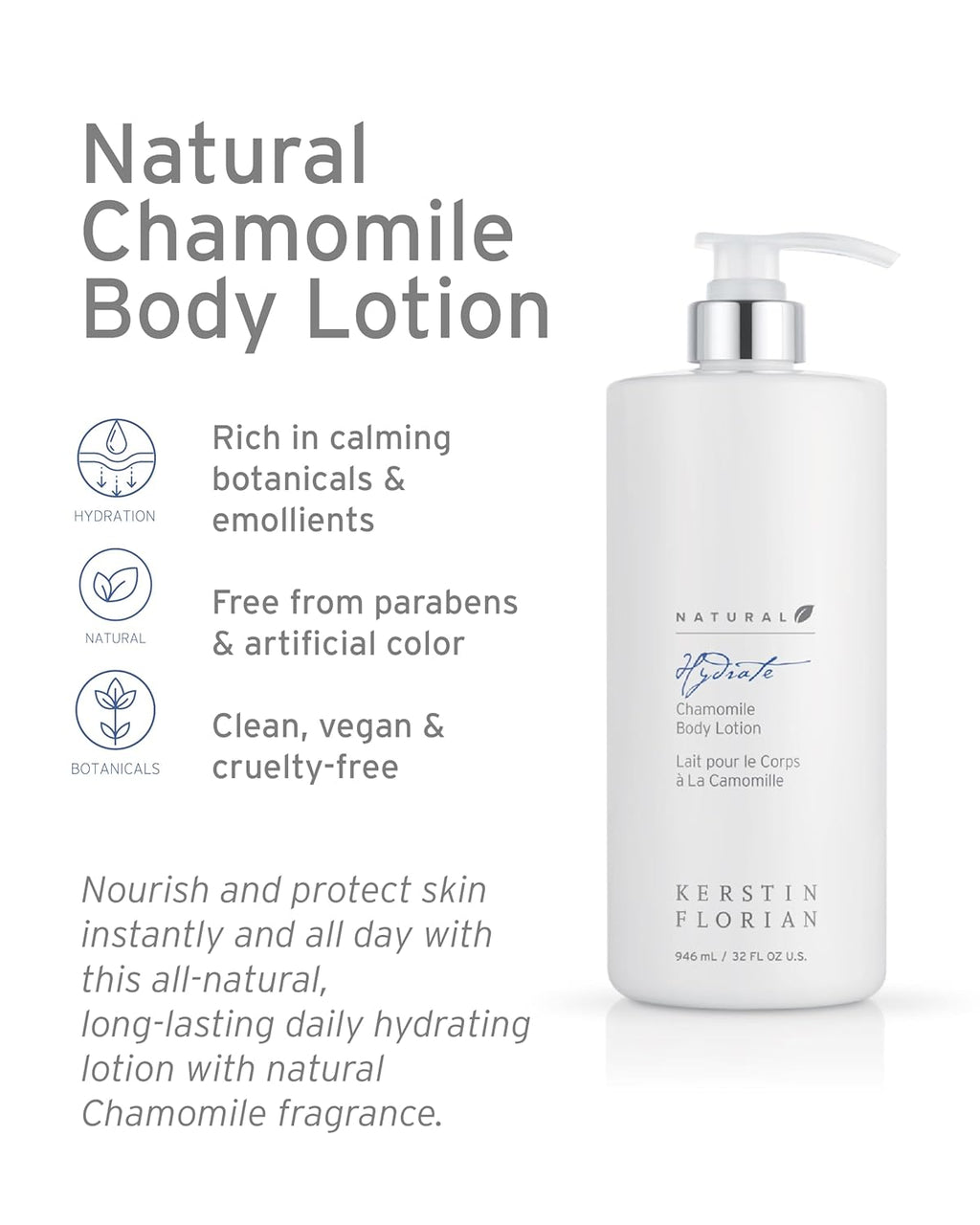 Kerstin Florian Chamomile Body Lotion | Nourishing Hydrating Moisturizer with Aloe & Jojoba Oil | Soothes Dry Skin | 32 fl oz