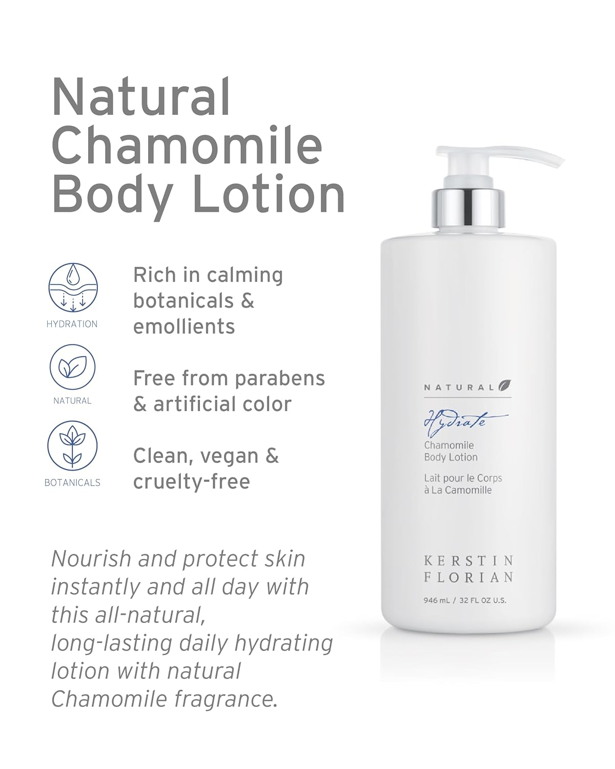 Kerstin Florian Chamomile Body Lotion | Nourishing Hydrating Moisturizer with Aloe & Jojoba Oil | Soothes Dry Skin | 32 fl oz
